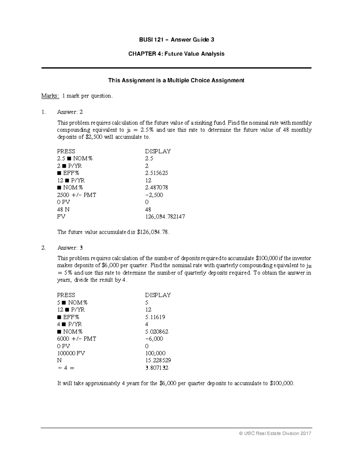 Quiz 3 Answer Guide - BUSI 121 Answer Guide 3 CHAPTER 4: Future Value ...