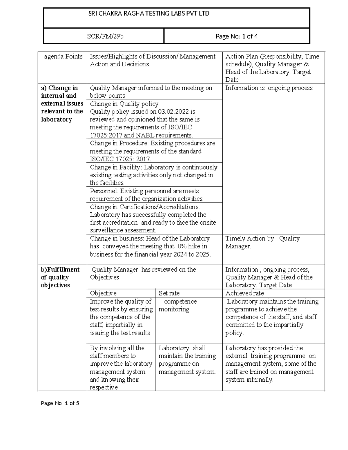 SRI CHAKRA RAGHA TESTING LABS PVT LTD Management Review Agenda Points ...