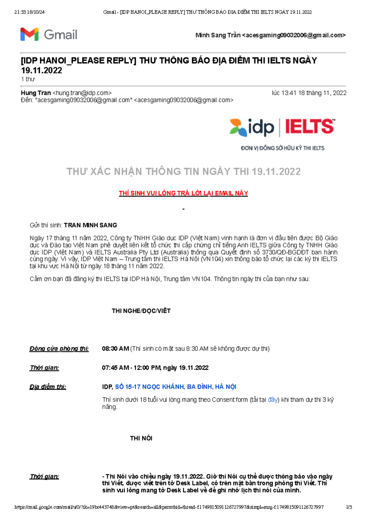 Thông Báo Địa Điểm Thi IELTS Ngày 19 - IDP Hà Nội  - Document Preview