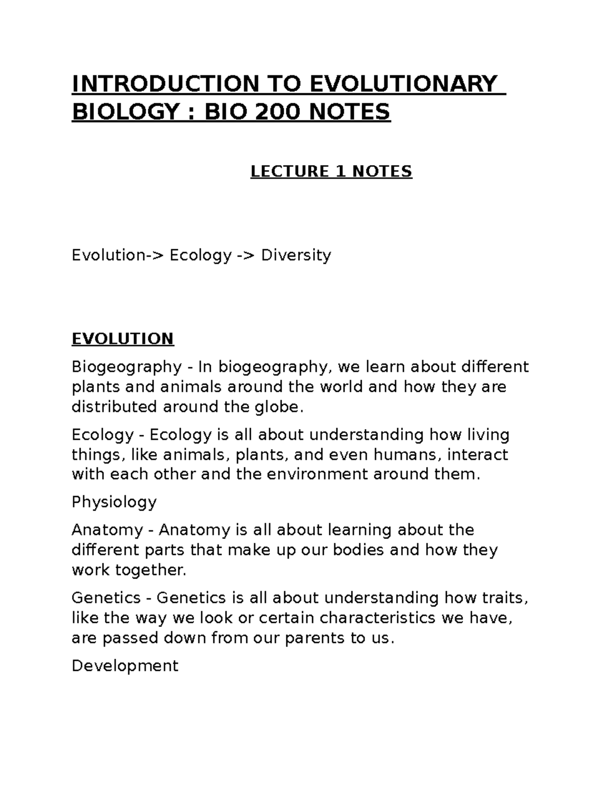 Introduction to Evolutionary Biology - BIO 200 Lecture 1 Notes - Studocu