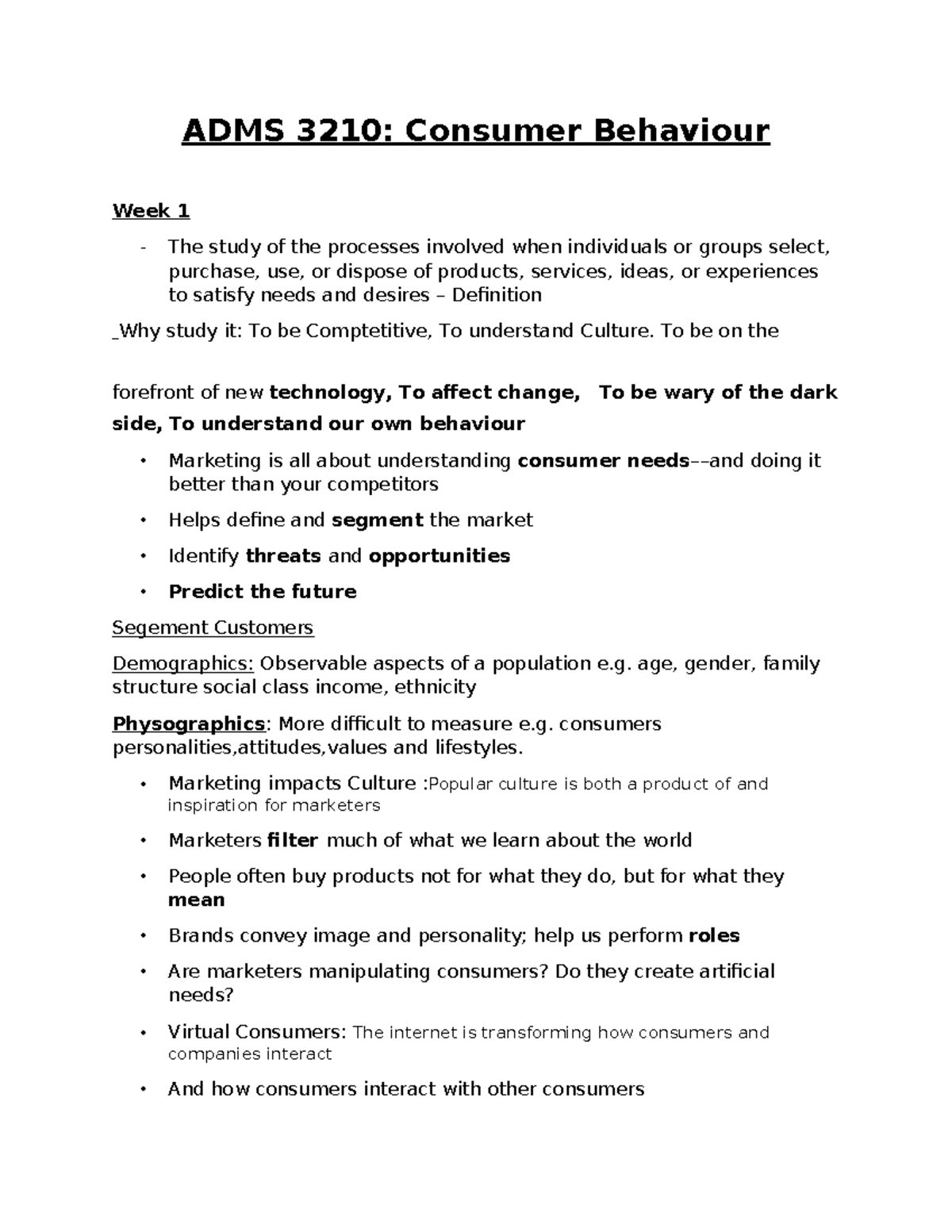 ADMS 3210 Week 1 Lecture Notes on Consumer Behaviour Insights - Studocu