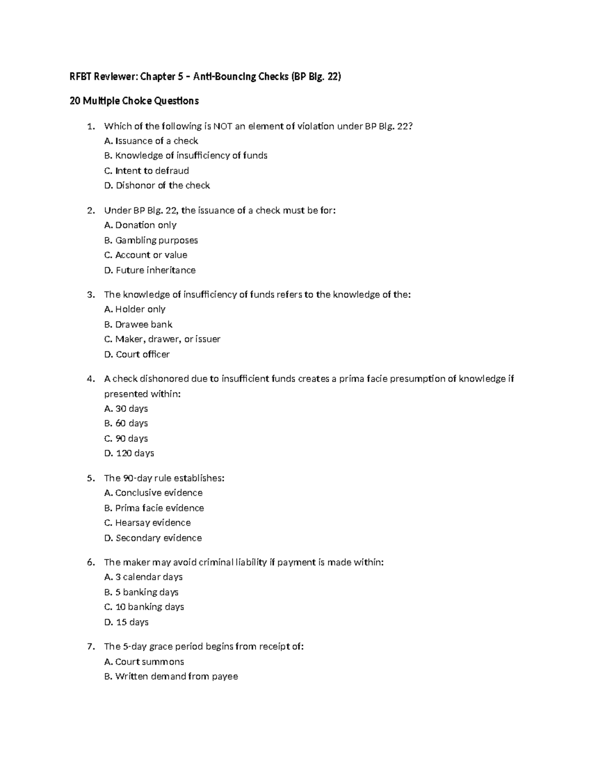 RFBT Reviewer: Chapter 5 on BP Blg. 22 Bouncing Checks MCQs - Studocu
