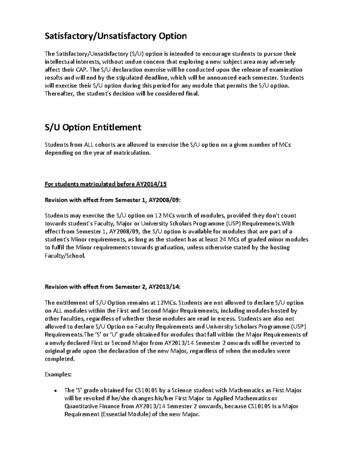 SU - Satisfactory/Unsatisfactory Option Guidelines and Policies - Studocu