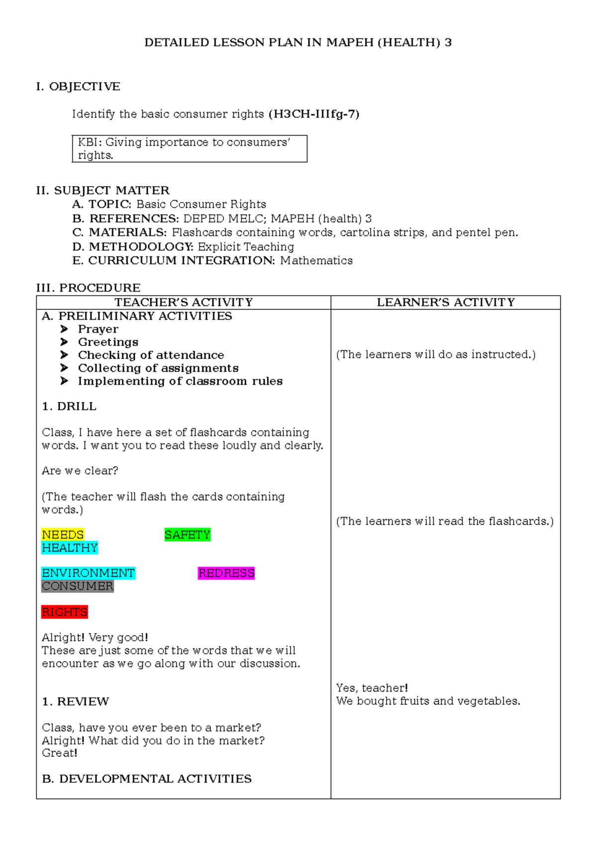 Detailed Lesson Plan in MAPEH 3: Understanding Basic Consumer Rights ...