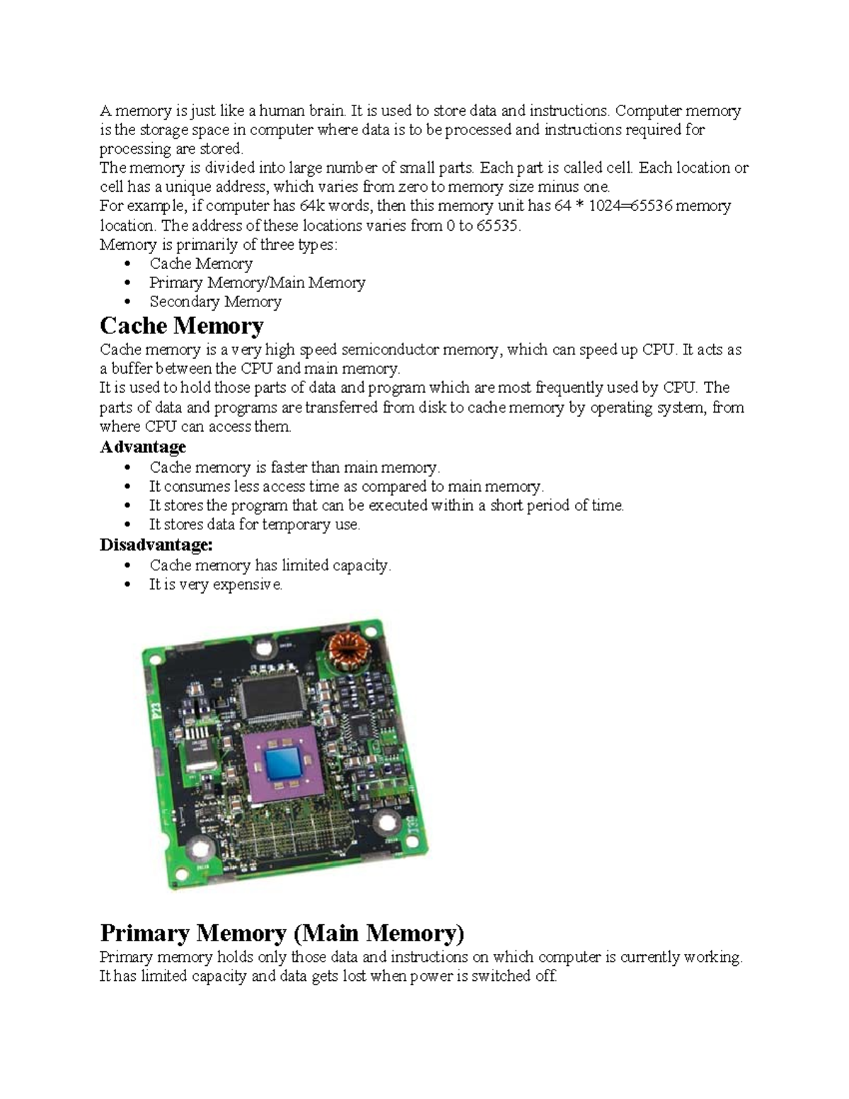 CS101: Understanding Computer Memory Types and Functions - Studocu