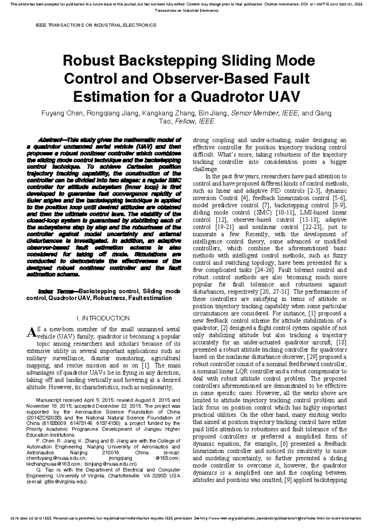 Robust Backstepping Sliding Mode Control for Quadrotor UAVs (IEEETIE ...
