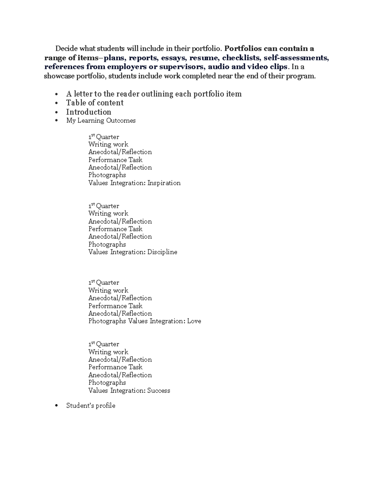 Portfolio Content - Decide what students will include in their ...