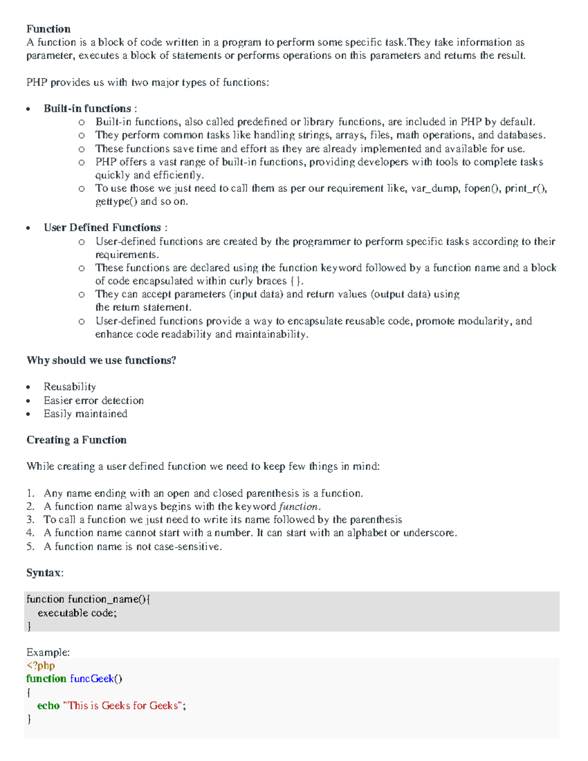 PHP Functions: User Defined & Predefined Overview - Studocu