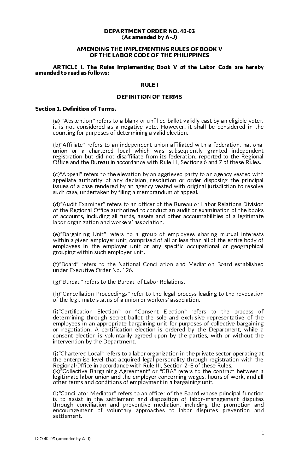 Amendments to Labor Code Book V: Dept. Order No. 40-03 (A-J) - Studocu