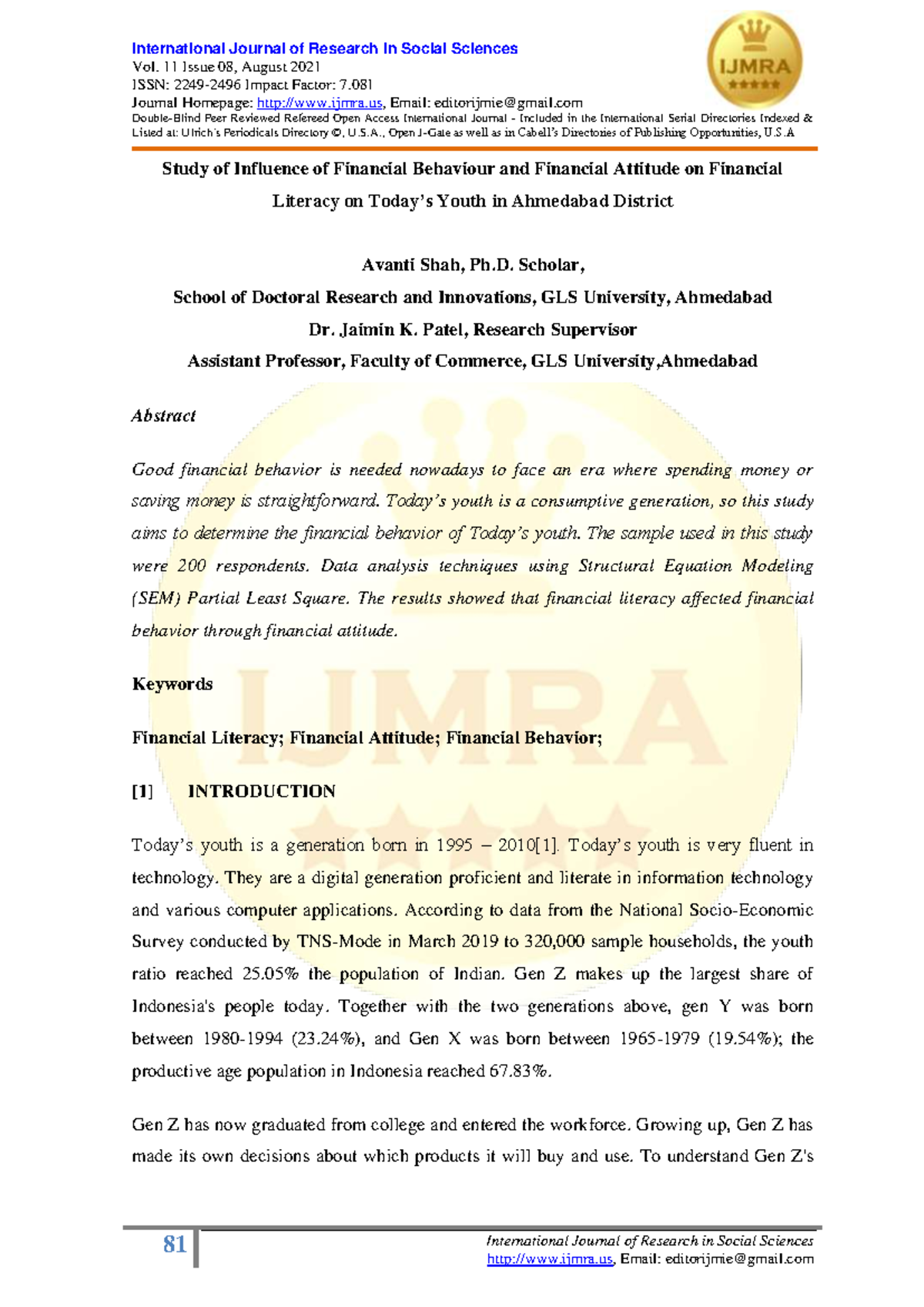Influence of Financial Behavior & Attitude on Literacy Among Youth in ...