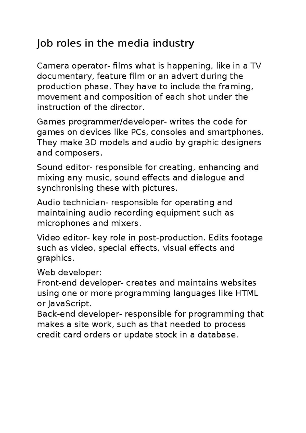 Job Roles in the Media Industry: Overview and Responsibilities - Studocu