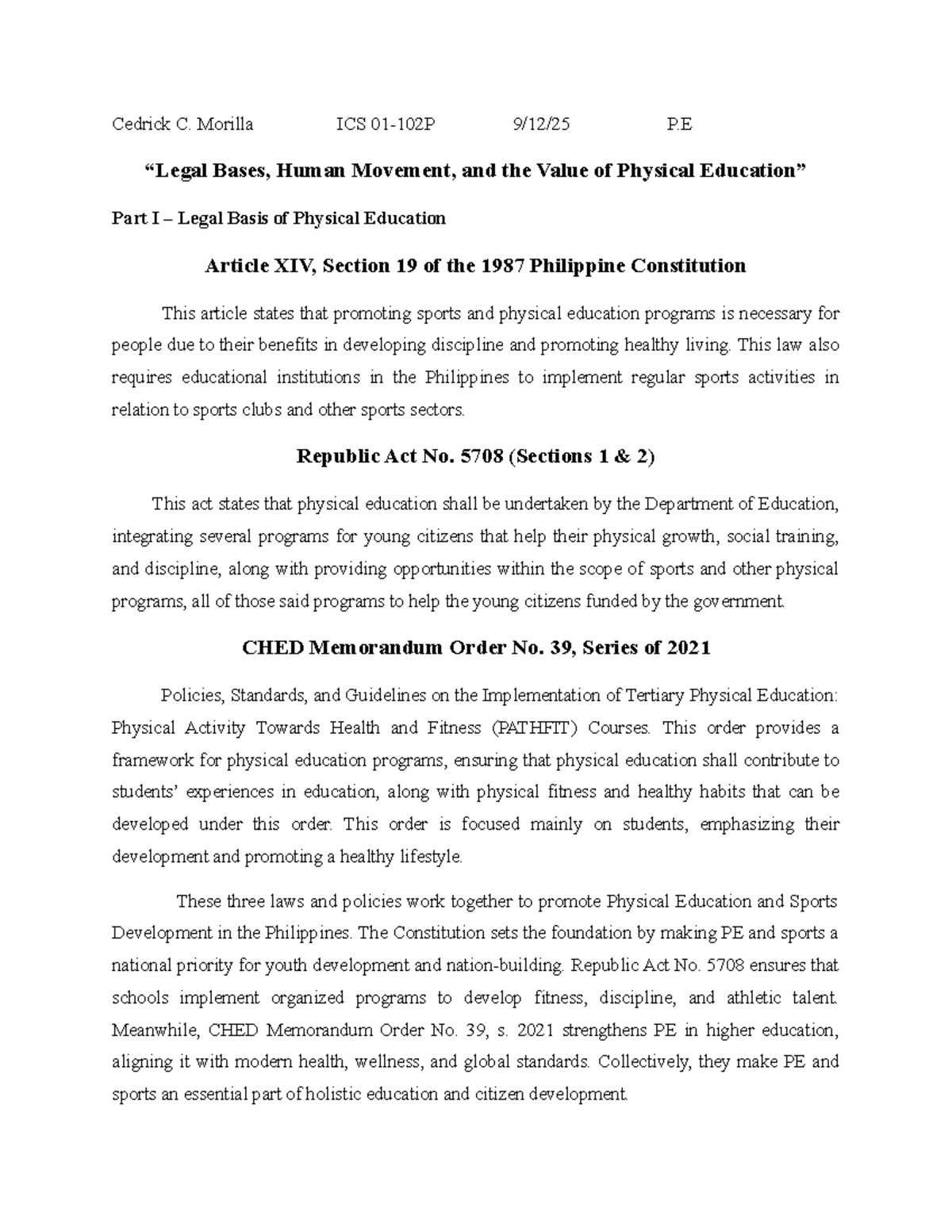 ICS P.E. Bases: Legal Framework & Human Movement Development - Studocu