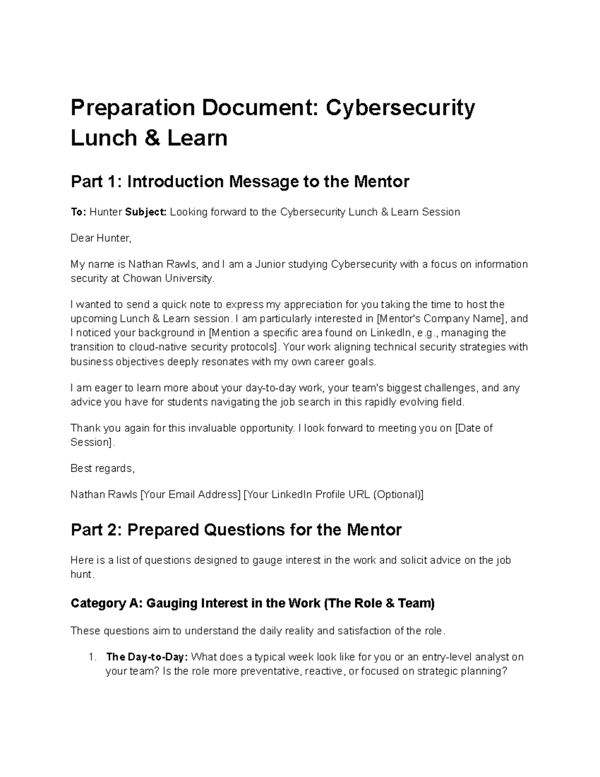 Cybersecurity Lunch Learn Prep: Intro & Mentor Questions - Studocu