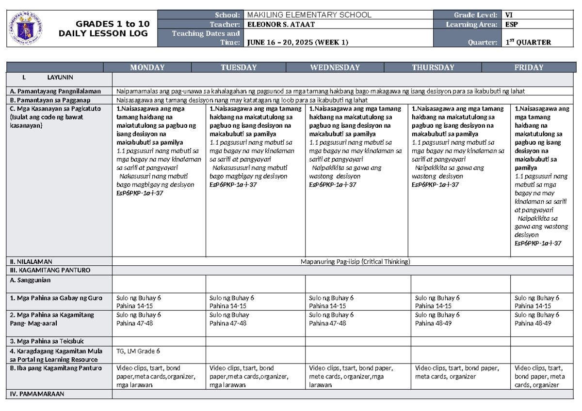DLL ESP 6 Q1 W1 - Daily Lesson Log for Grade 6 - Studocu