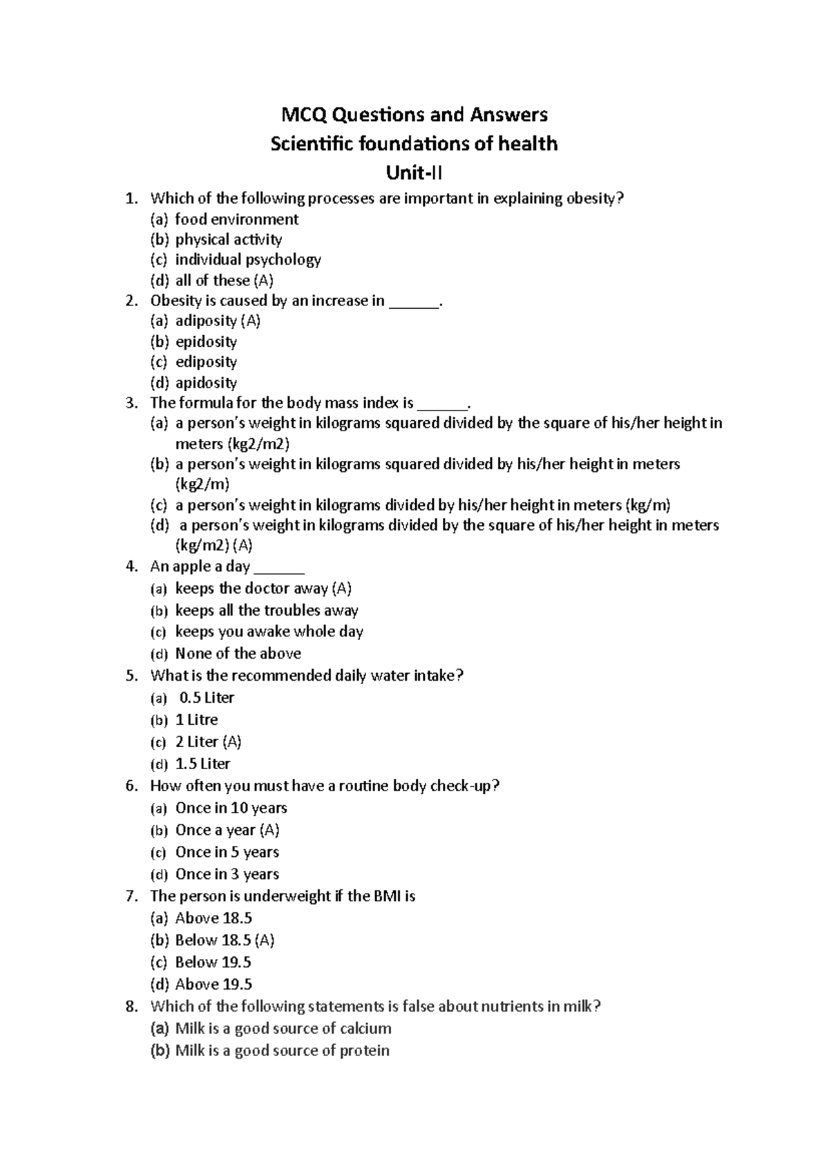 MCQ Questions & Answers: Scientific Foundations of Health (Unit-II ...