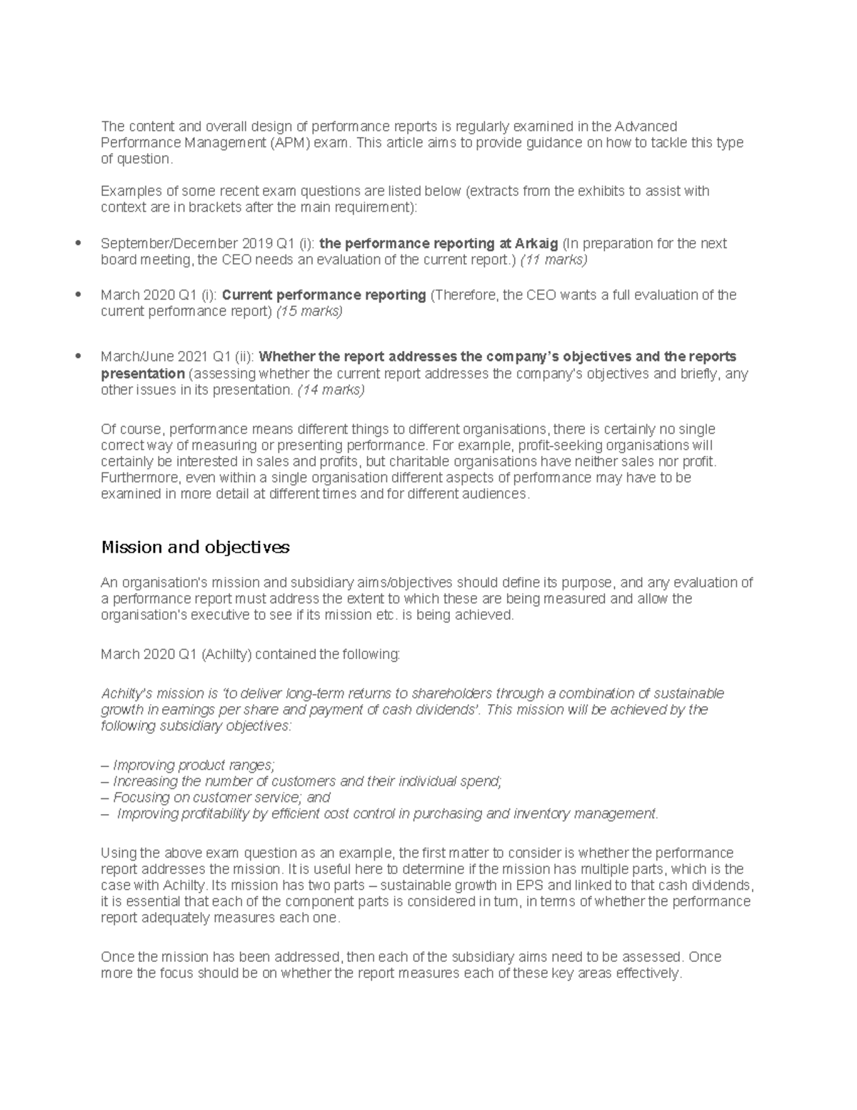 Performance Management Reports: A Guide for APM Exam Success - Studocu