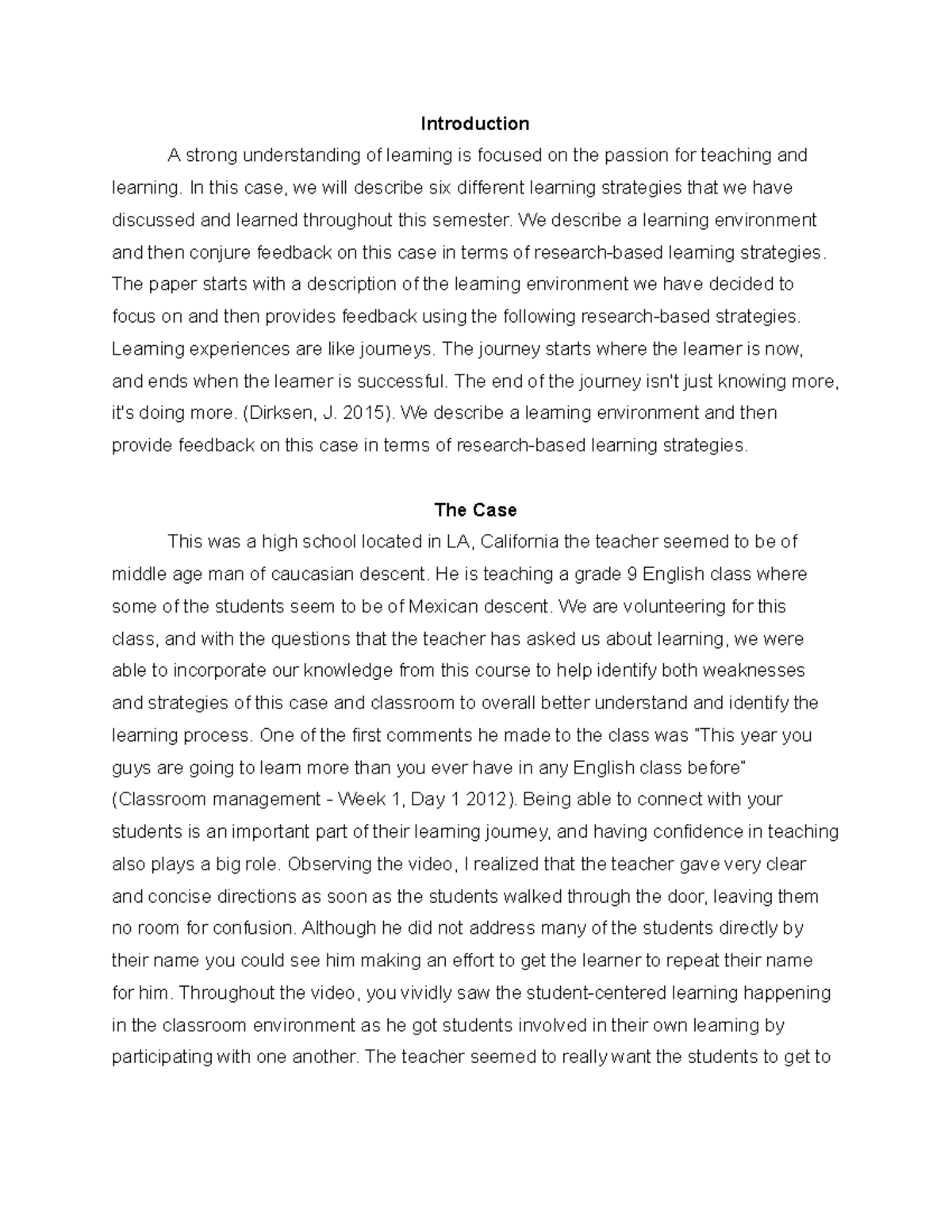 Case Study: Learning Strategies in Grade 9 English Class (EDU 101 ...