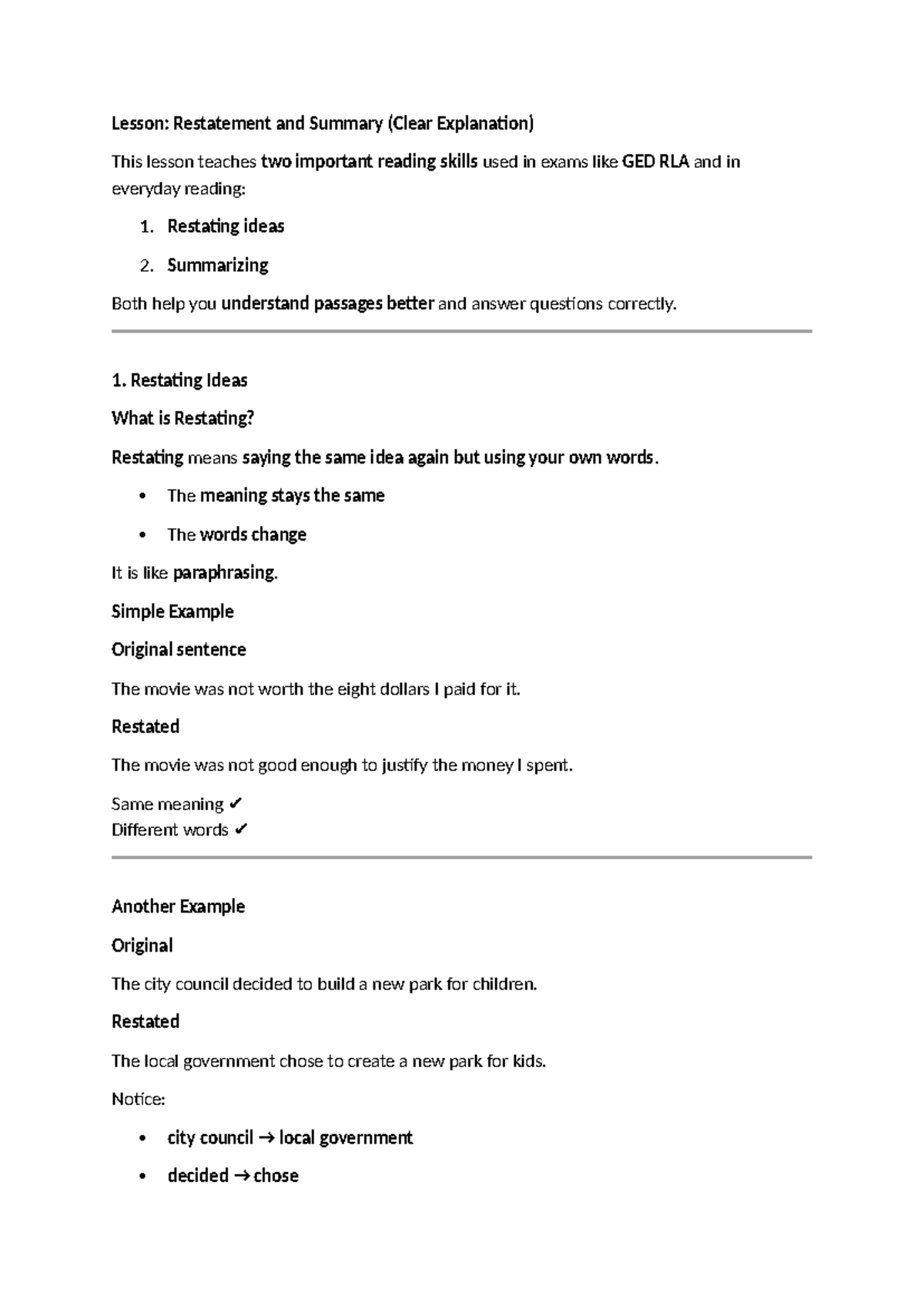 Lesson 2: Restatement and Summary Techniques for GED RLA - Studocu
