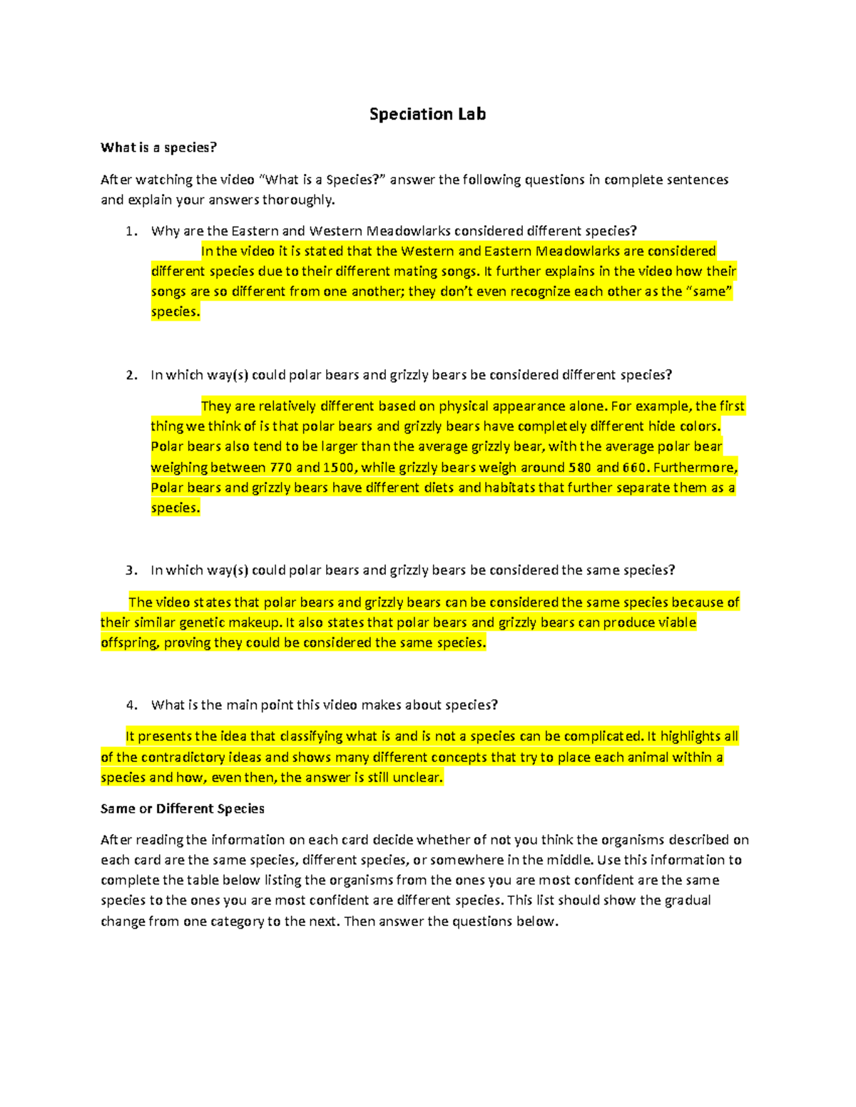 BIOL 201: Speciation Lab Student Answer Sheet & Responses - Studocu