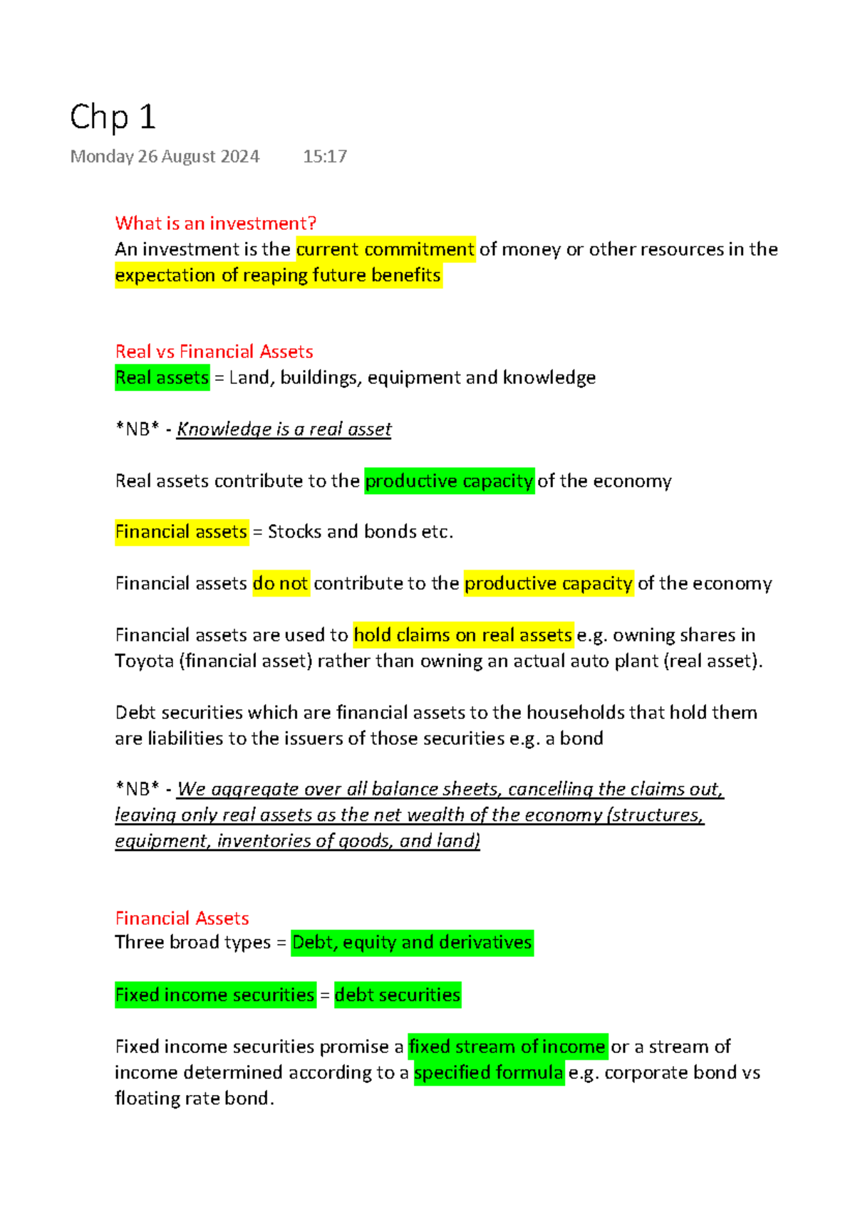 Investments CH101 - Chapter 1 Study Notes on Assets and Markets - Studocu