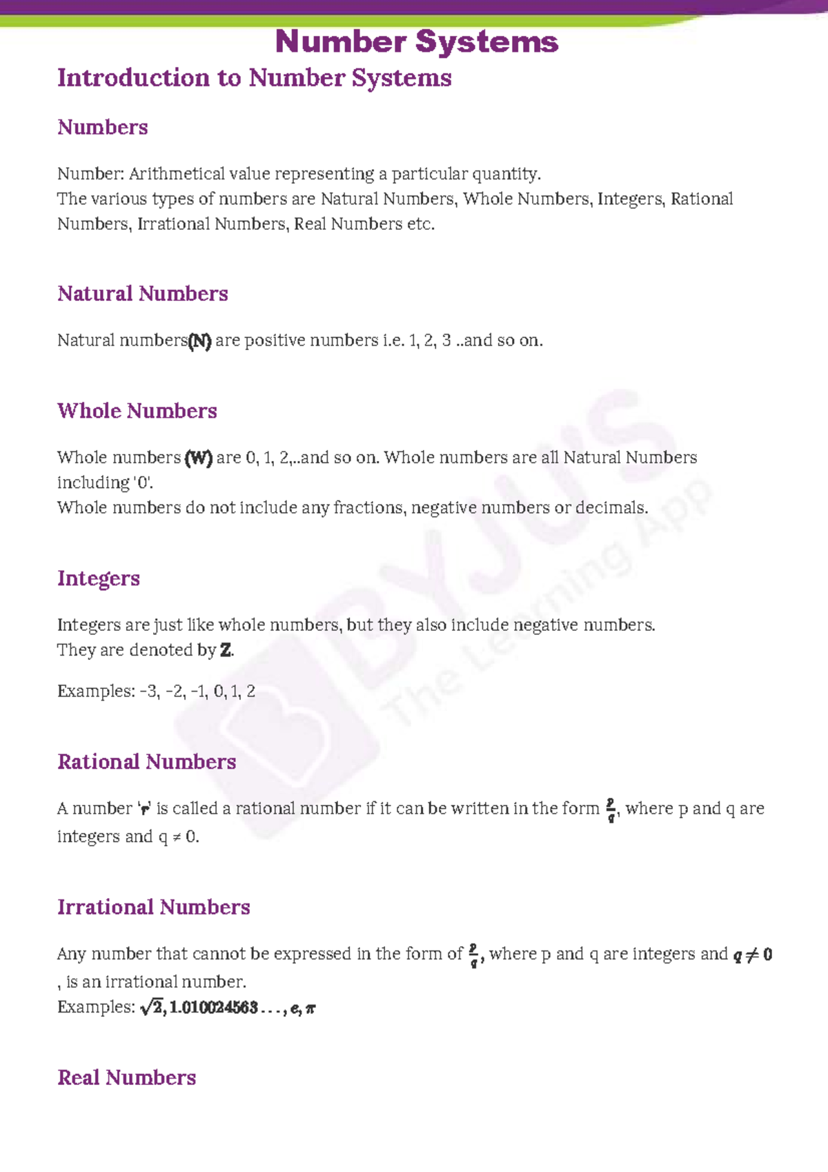 CBSE Class 9 Maths Notes: Chapter 1 - Number Systems Overview - Studocu
