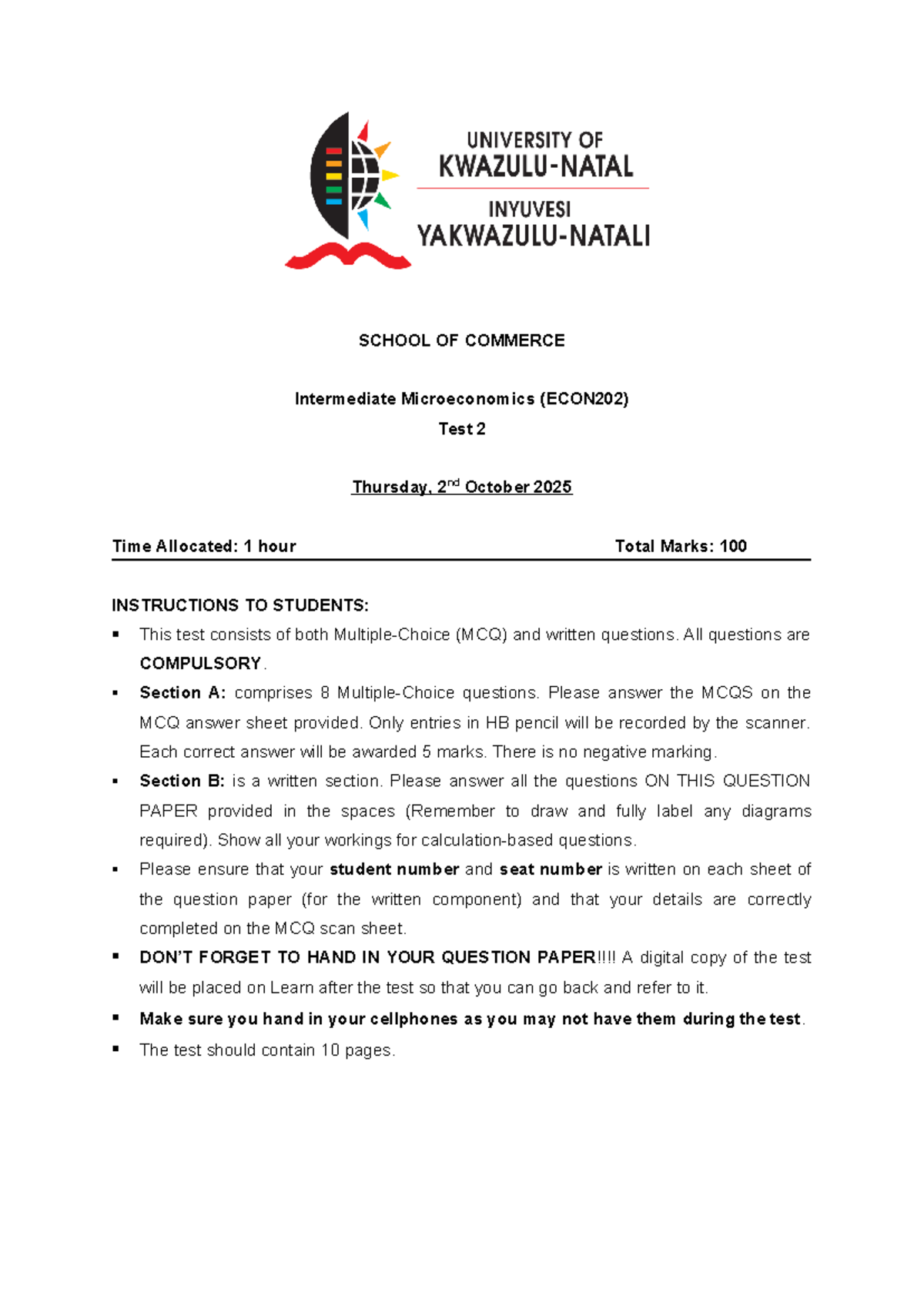 Intermediate Microeconomics (ECON202) Test 2 - 2nd Oct 2025 - Studocu