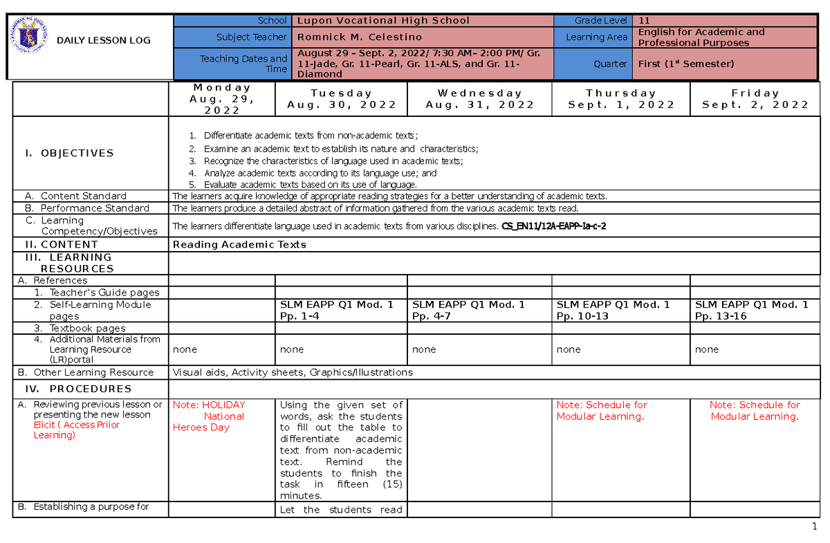 EAPP Q1 Daily Lesson Log for Grade 11 - Aug 29 to Sept 2, 2022 - Studocu