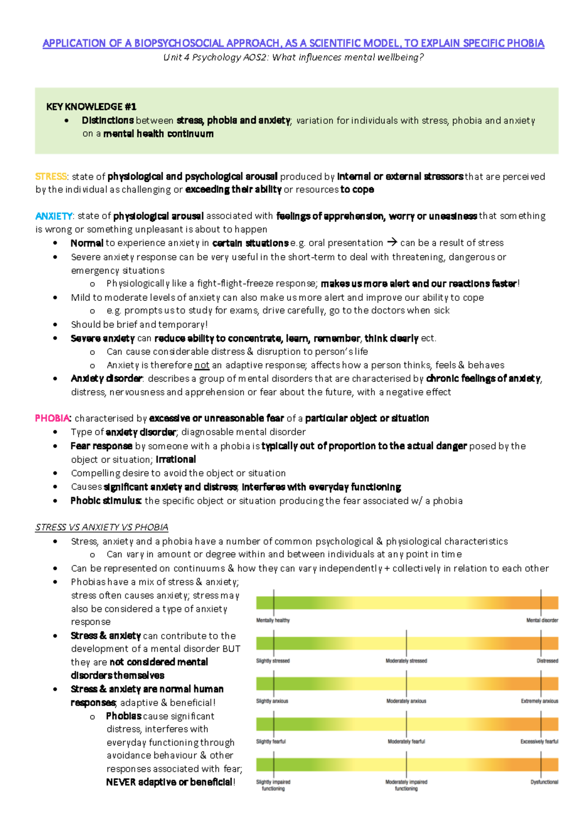 Specific phobia PDF - detailed notes - APPLICATION OF A BIOPSYCHOSOCIAL ...