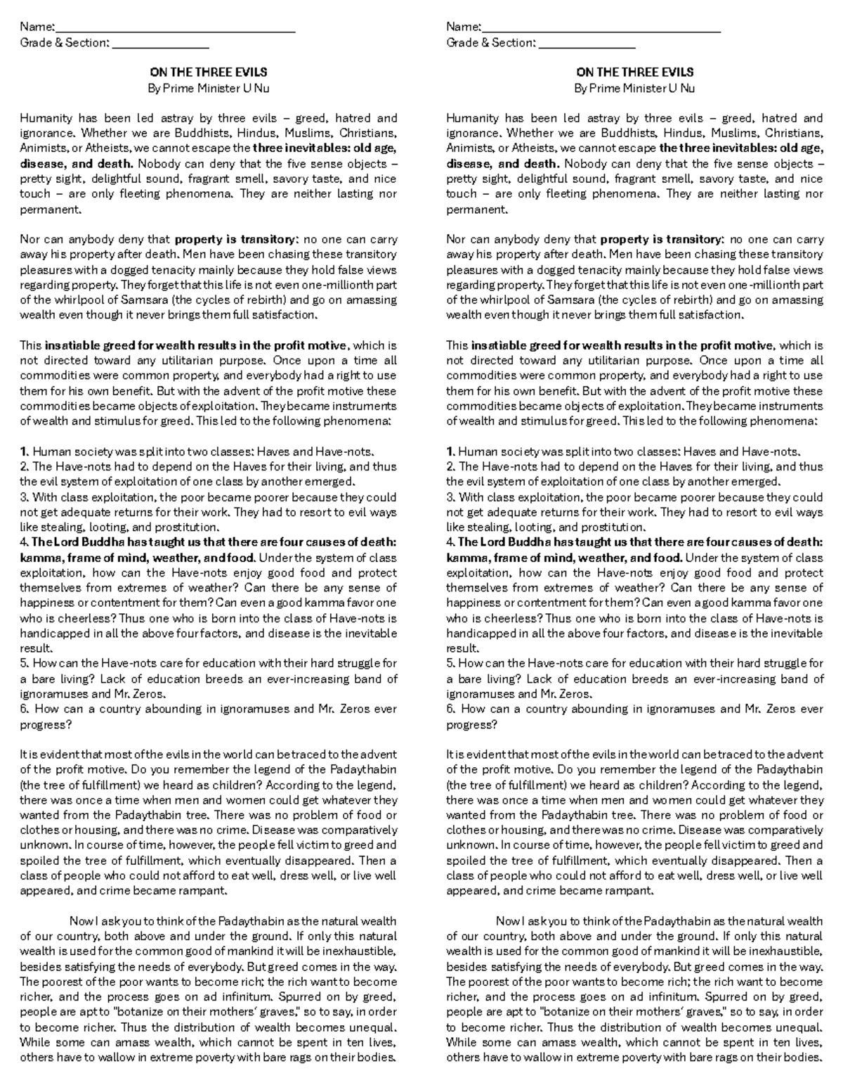 Q3 Activity Sheet: Exploring U Nu's Three Evils and Their Impact - Studocu