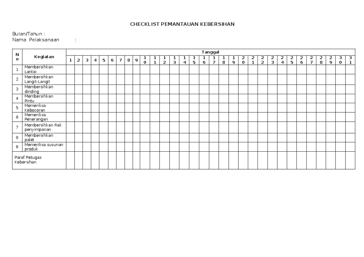 Contoh formulir Pemantauan Kebersihan - Service Program Design ...