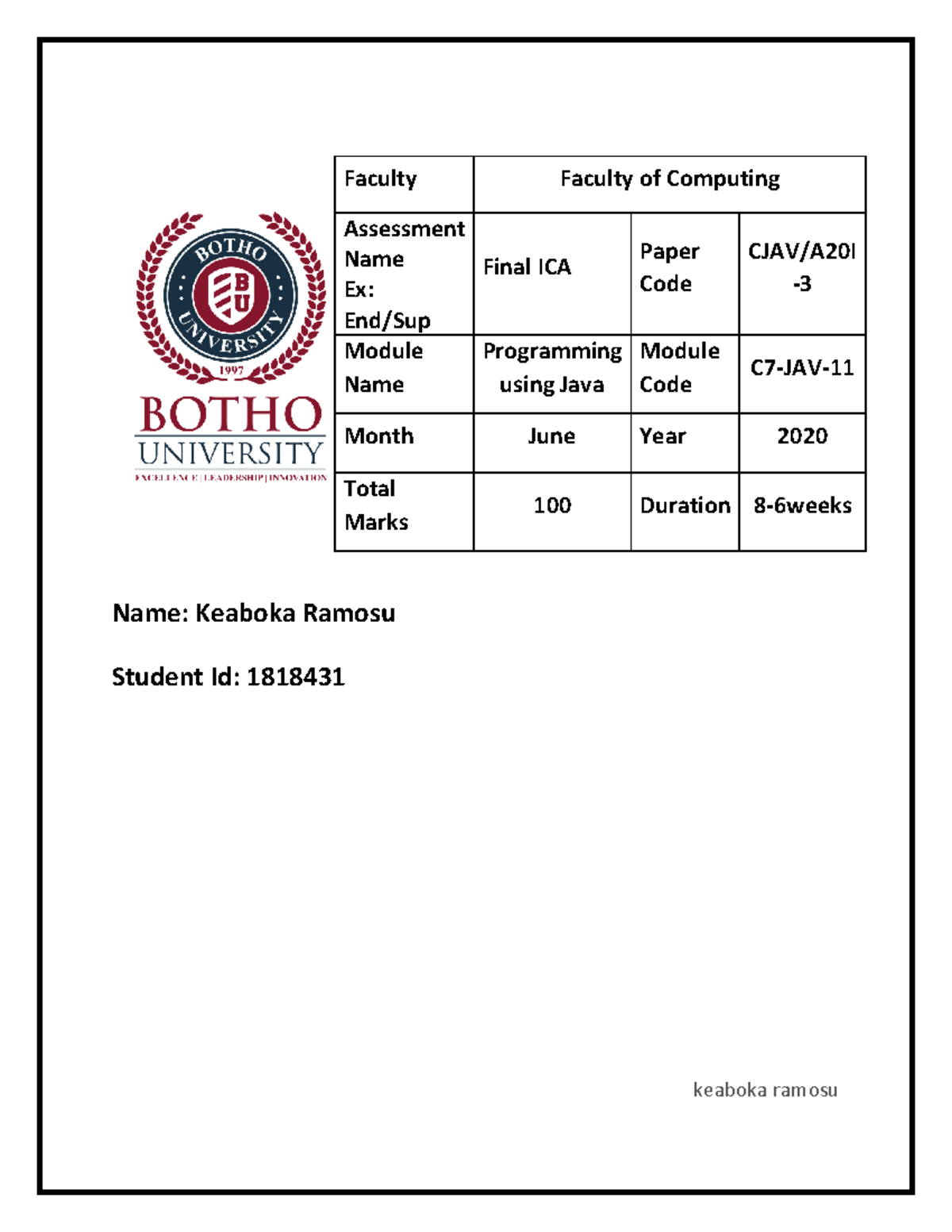 Final ICA Assessment for Programming Using Java (C7-JAV) - Student ...