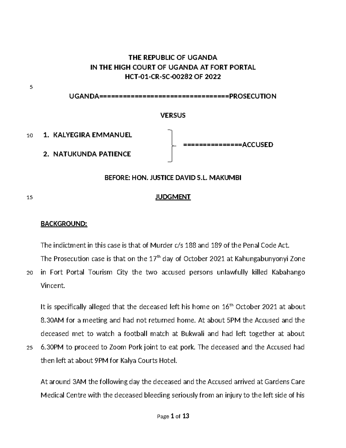 Uganda v Kalyegira & Natukunda: High Court Murder Judgment 2022 - Studocu