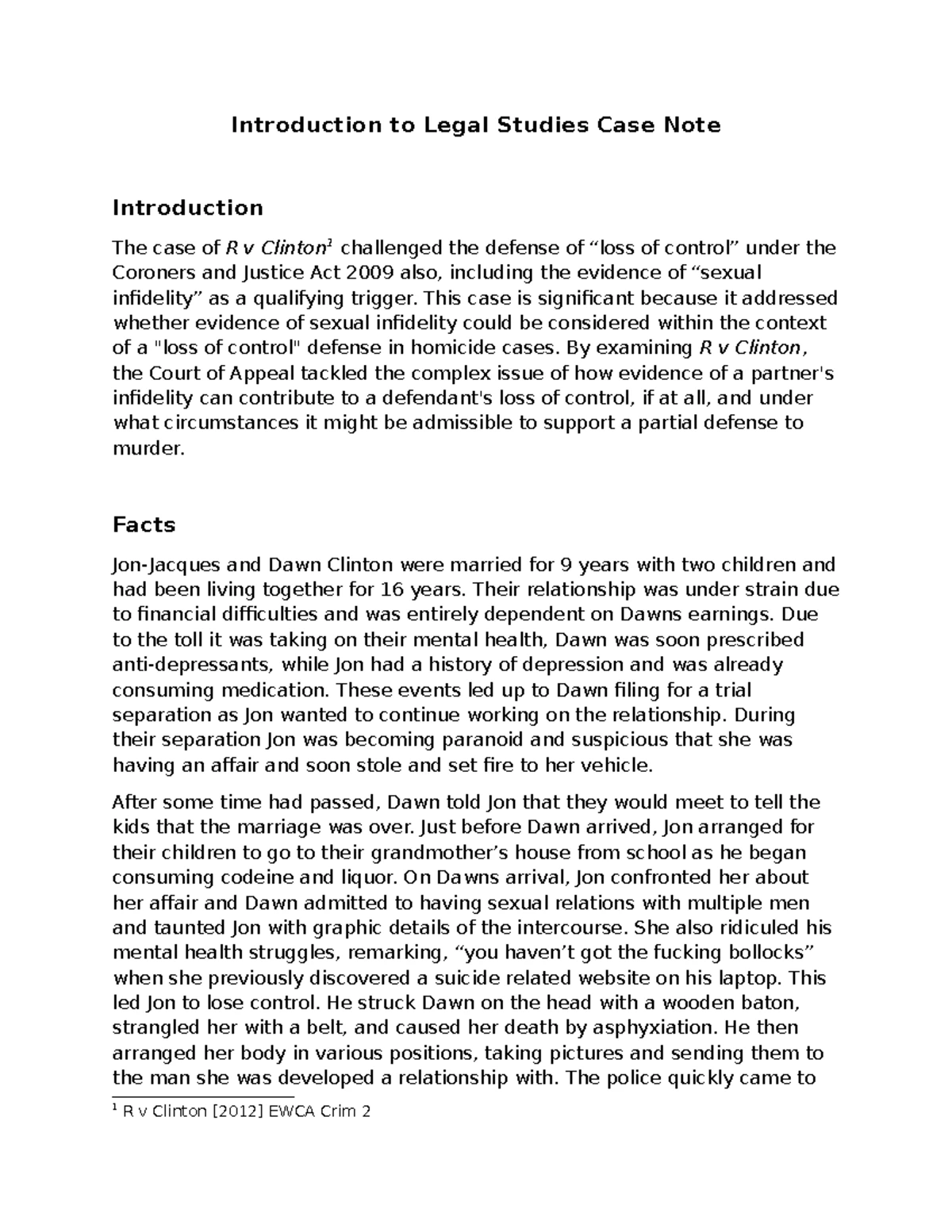 Example OF A CASE NOTE for case note questions - Buckingham - Studocu
