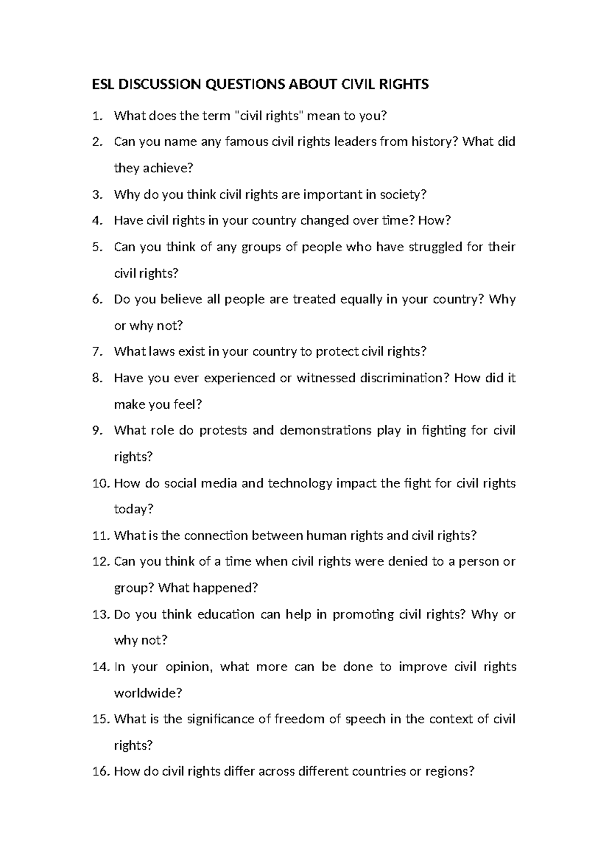 ESL Discussion Questions on Civil Rights: An In-Depth Exploration - Studocu