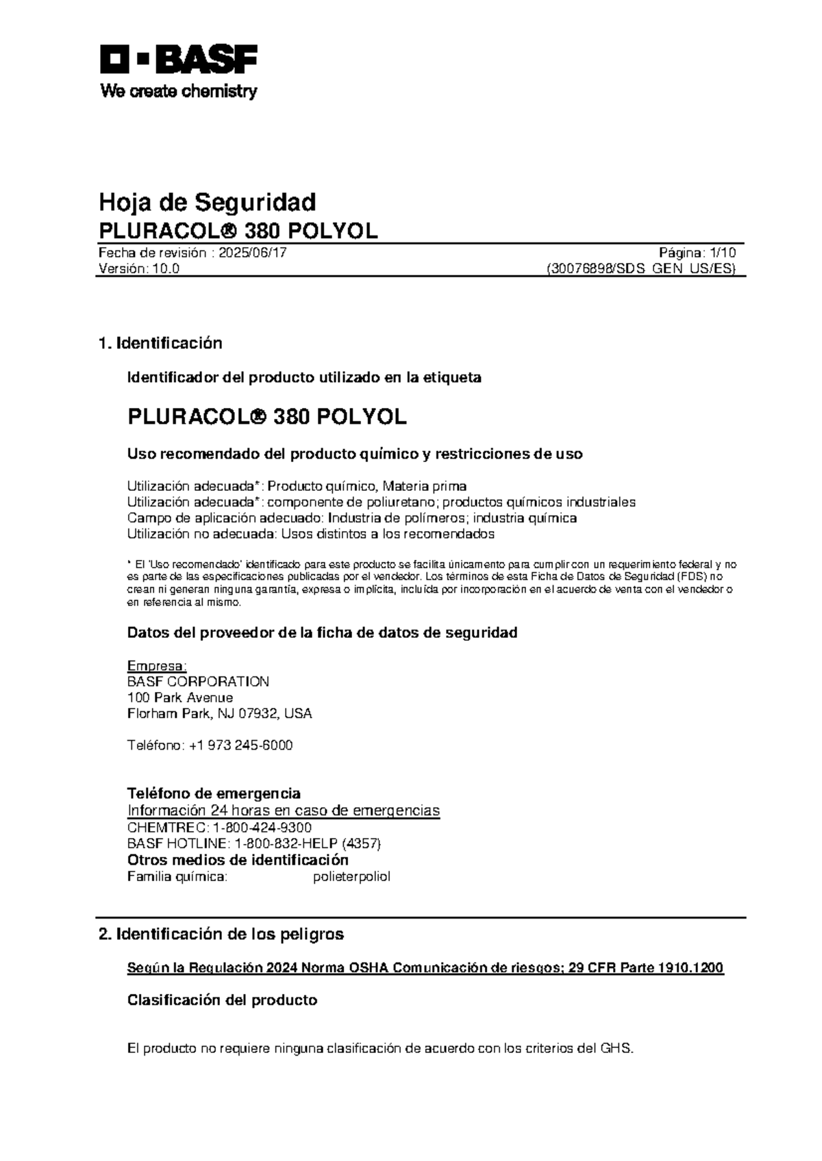 Hoja de Seguridad 380 POLYOL - Pluracol SDS Versión 10.0 - Studocu