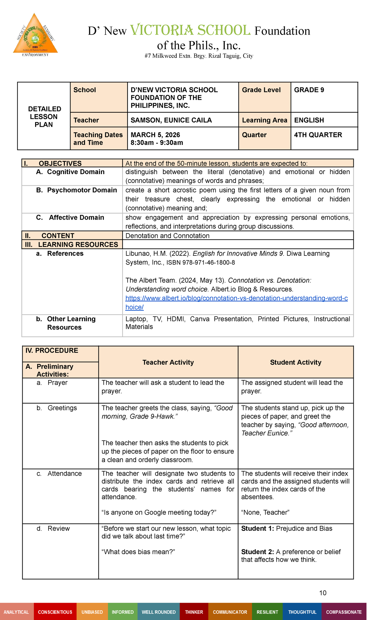 Grade 9 English Detailed Lesson Plan: Denotation & Connotation - Studocu