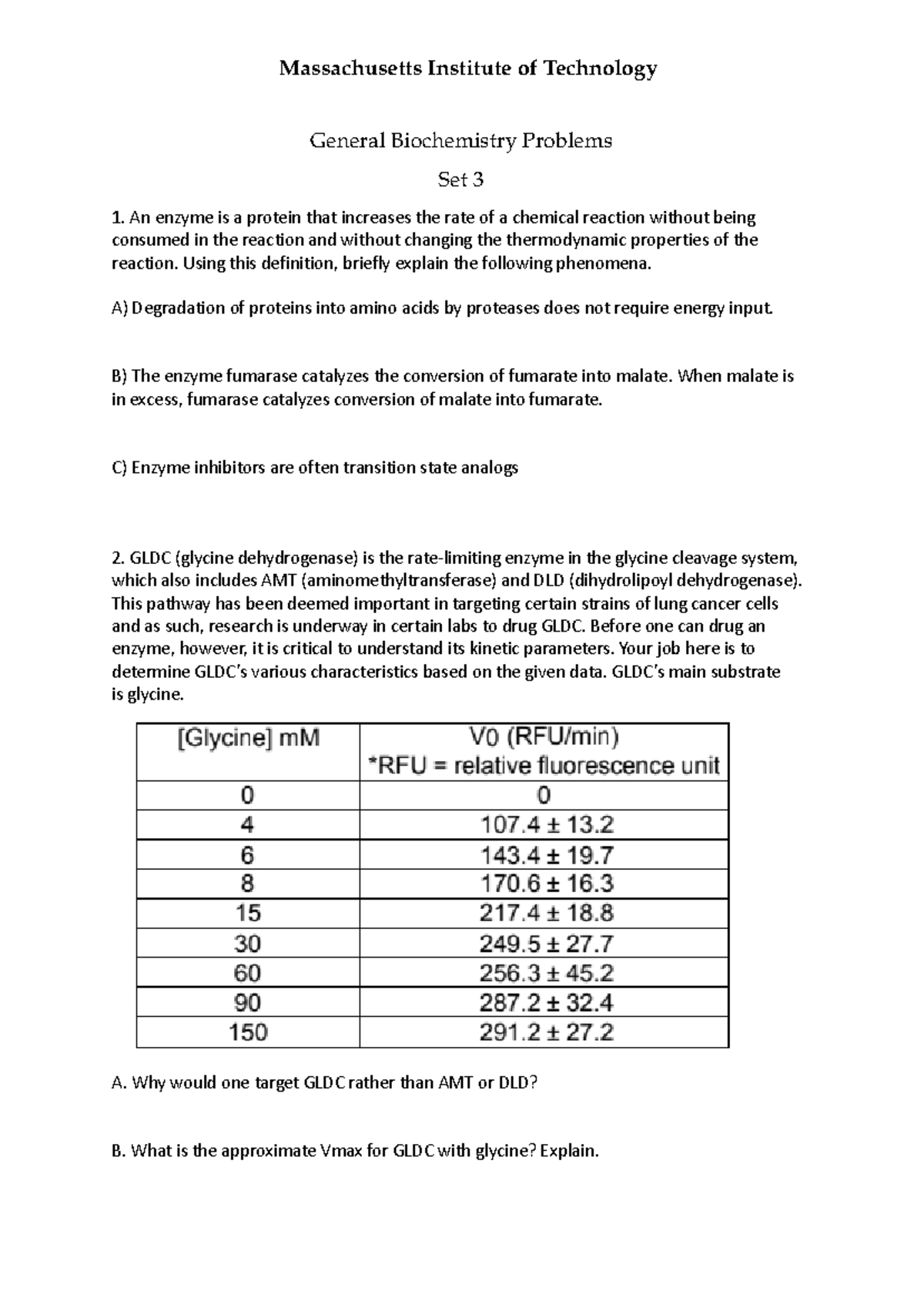 General Biochemistry Problems Set 3 - Massachusetts Institute of ...