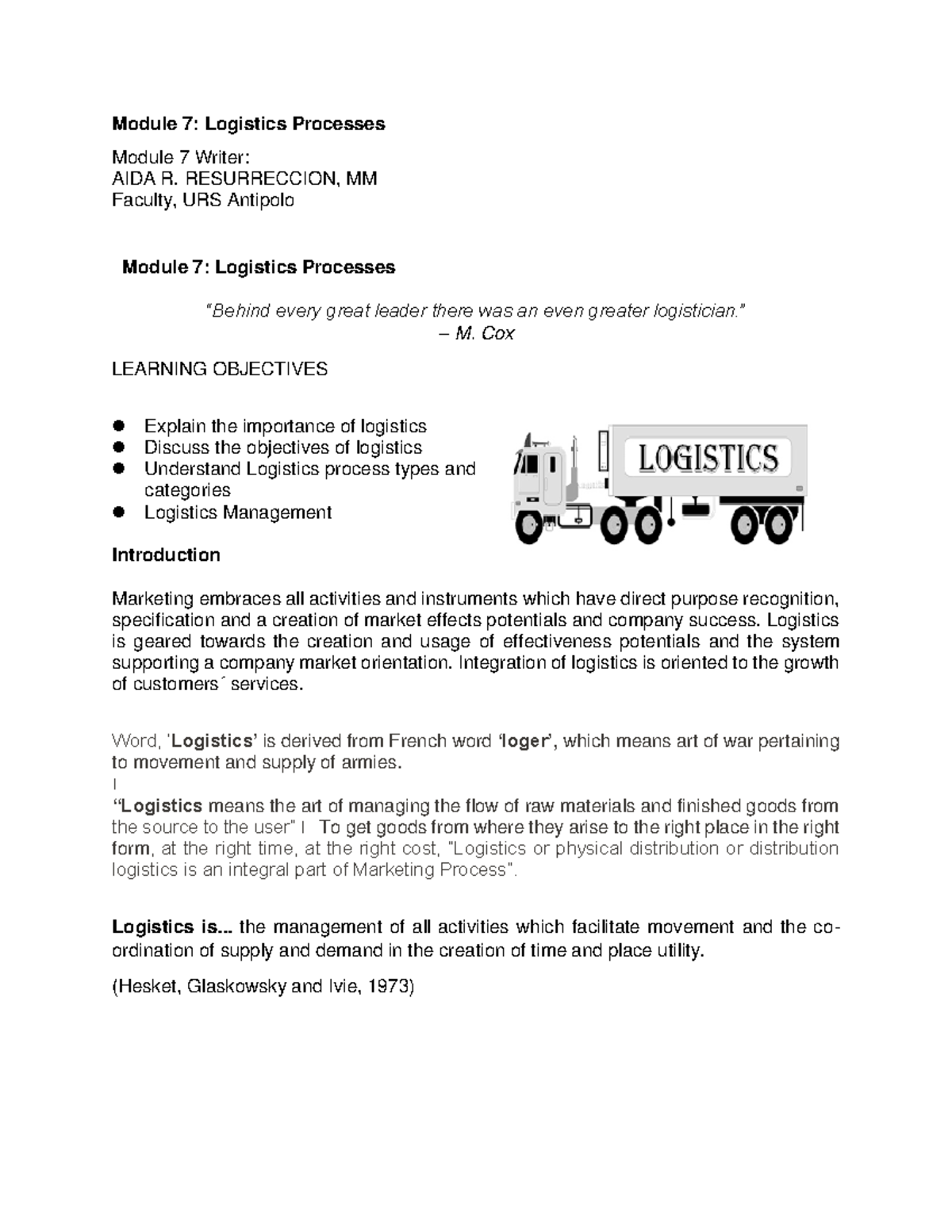 Module 7: Comprehensive Overview of Logistics Processes - Studocu