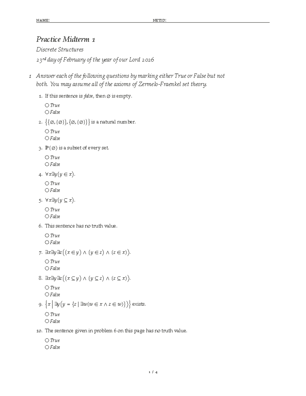 Practice Midterm 1: Discrete Structures (DS 101) - Feb 23, 2026 - Studocu