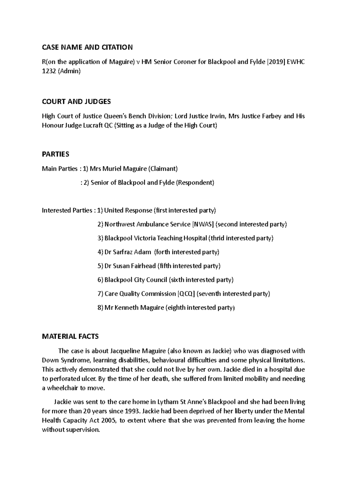 CASE NOTE LSM - case note - CASE NAME AND CITATION R(on the application ...