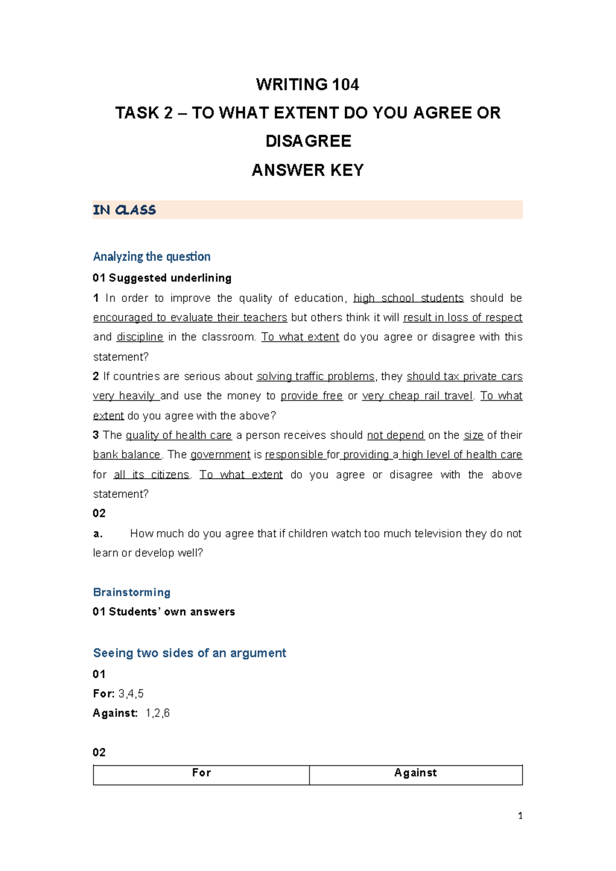WRITING 104 TASK 2 AGREE/DISAGREE ESSAY ANSWER KEY HANDOUT - Studocu