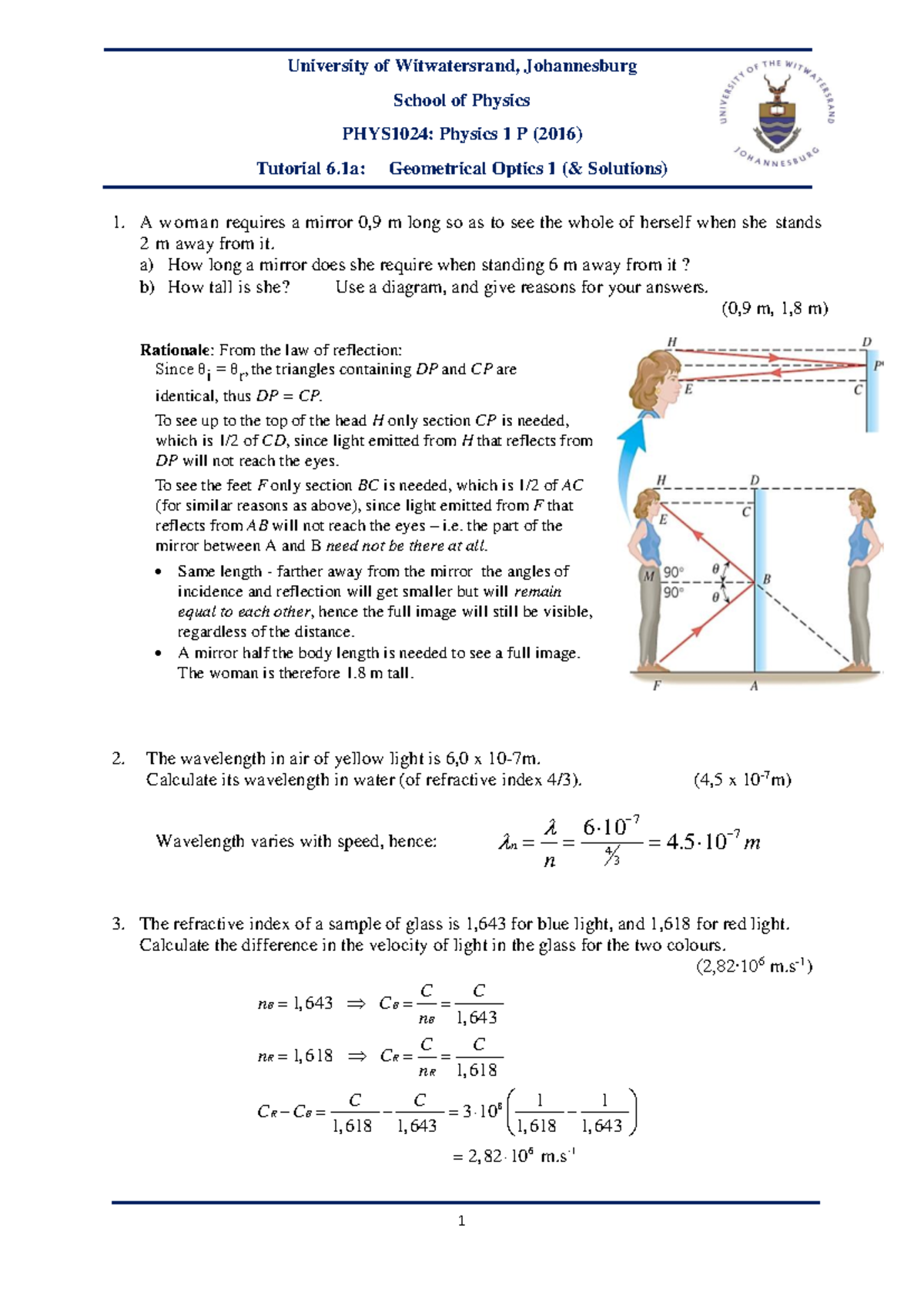 Tutorial 6.1a Geometrical Optics 1 - Solutions - University of ...
