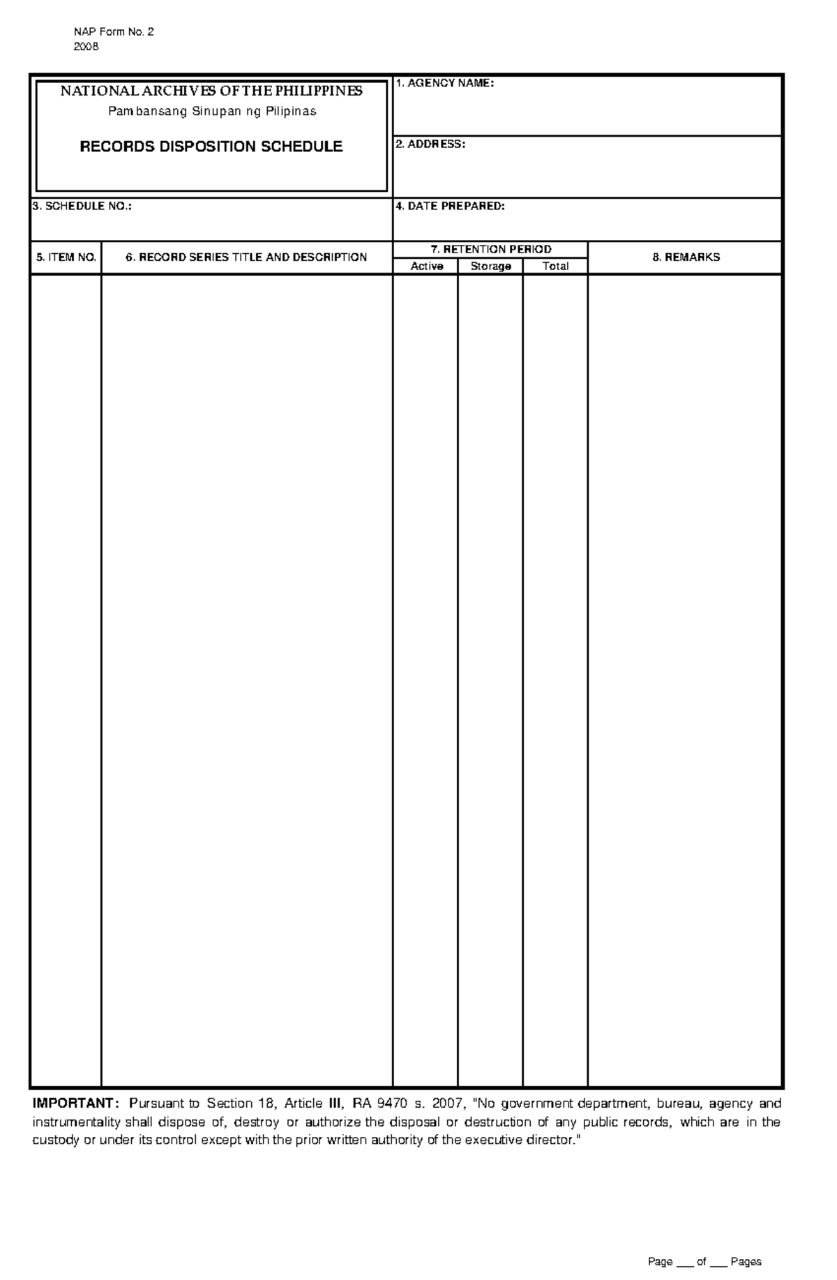 NAP Form No. 2 (2008) Records Disposition Schedule Guidelines - Studocu