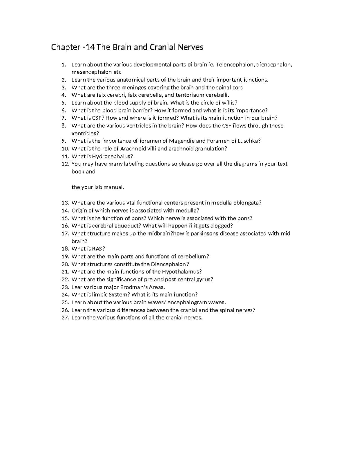 Chapter 14: The Brain & Cranial Nerves - Key Concepts & Functions - Studocu