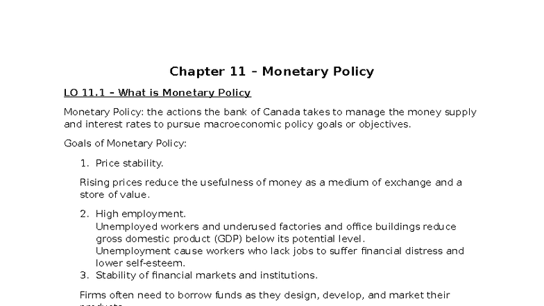 ECON 101 - Chapter 11: Understanding Monetary Policy and Its Goals ...