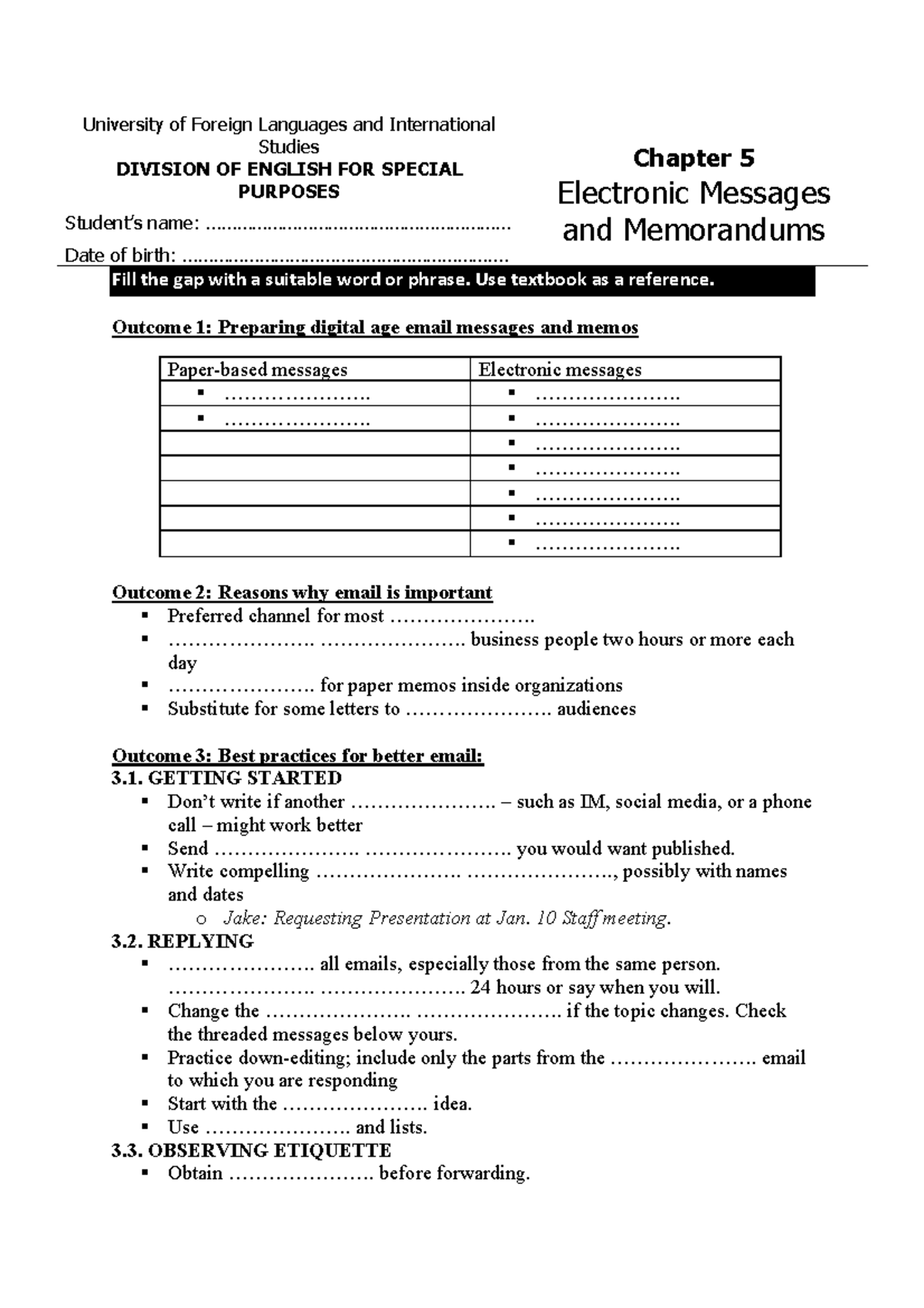 A01 - Lecture Notes on Electronic Messages & Memos (Chap 5BC) - Studocu