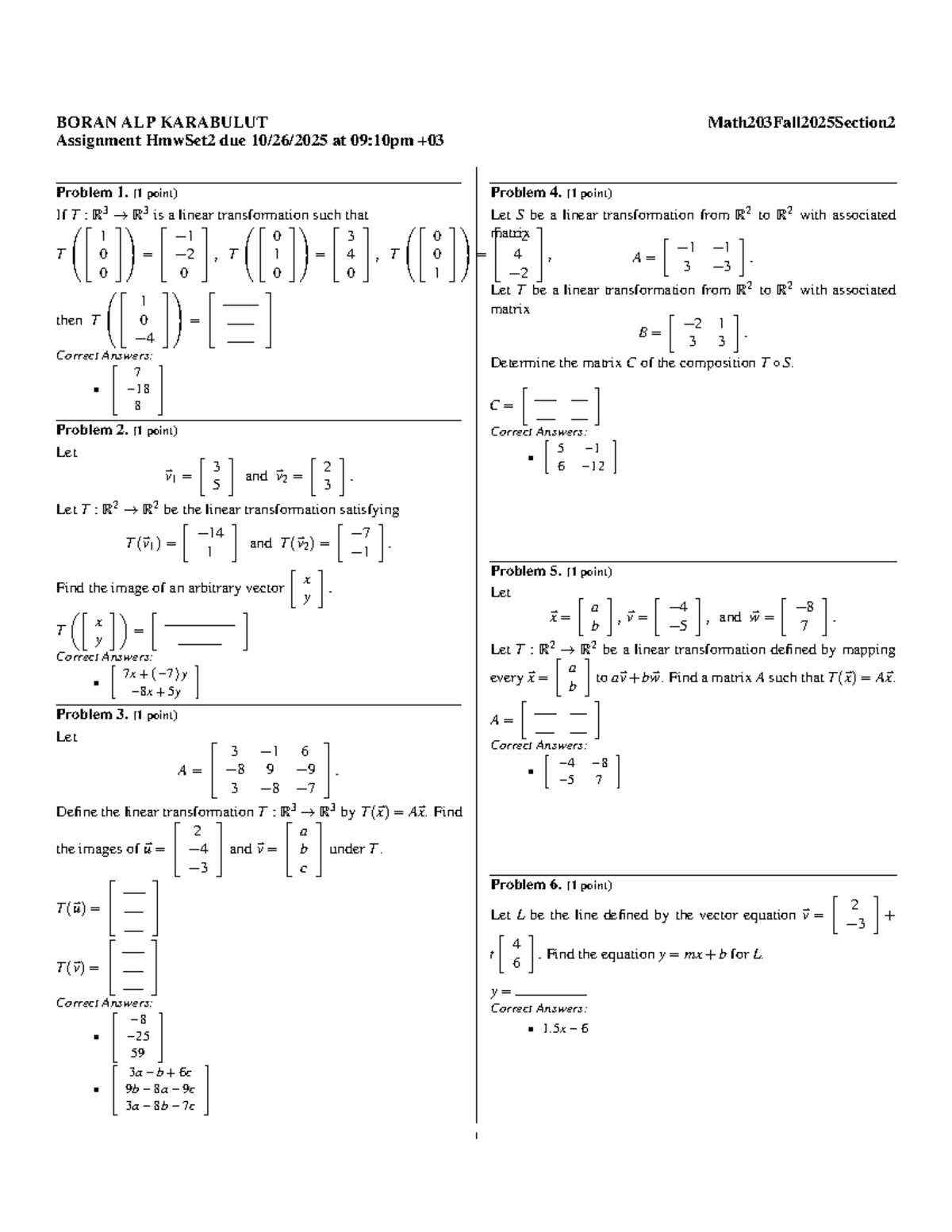 Math203 Fall2025 AGU Homework Set 2: Linear Transformations - Studocu