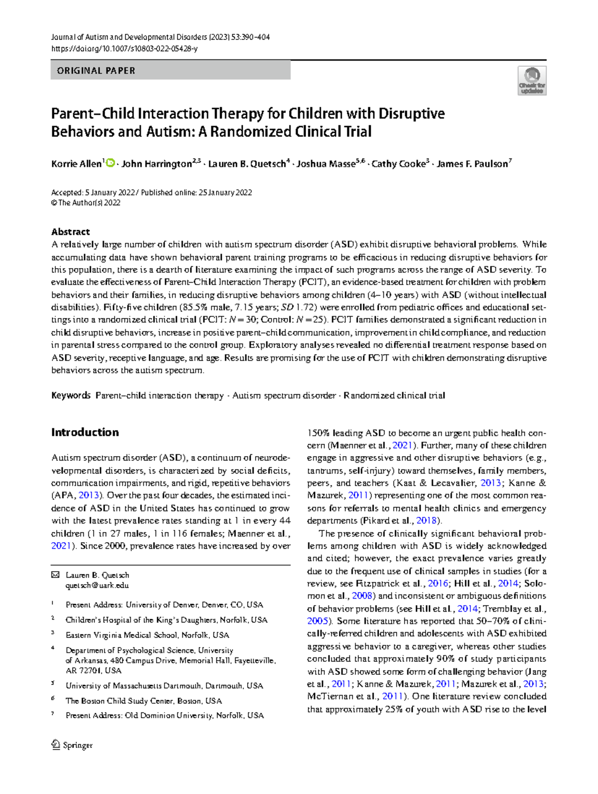 Parent–Child Interaction Thera - Vol:.(1234567890) doi/10.1007/s10803 ...