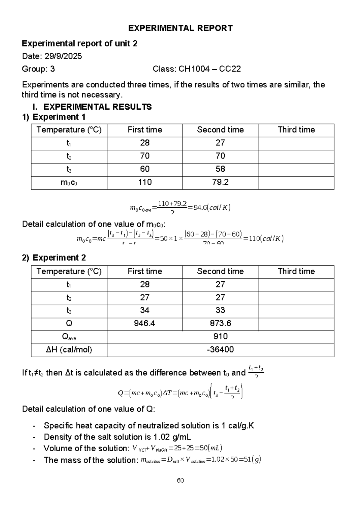 Experimental Report CH1004: Units 2 & 4 Results and Analysis - Studocu