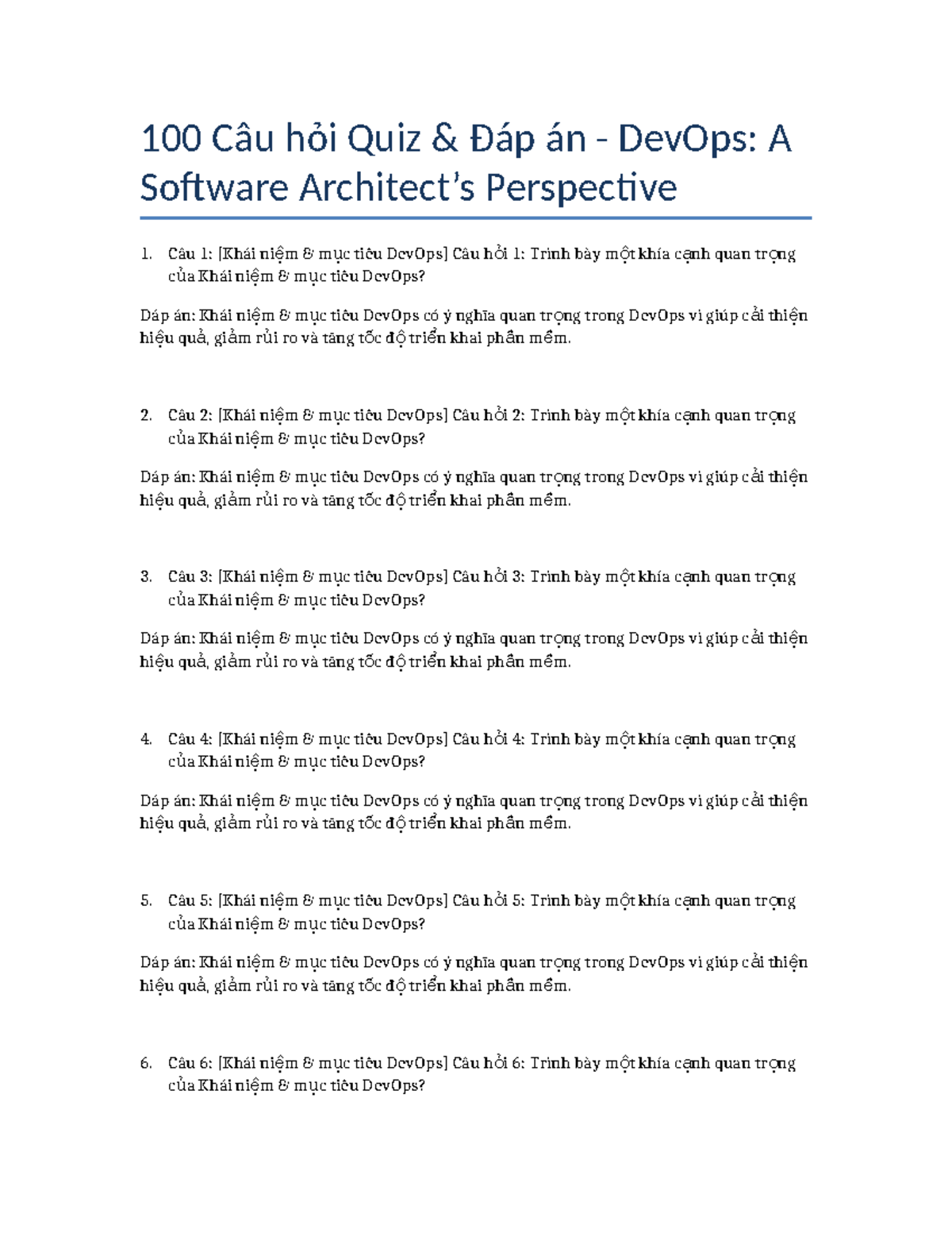Quiz 100 Câu Hỏi và Đáp Án DevOps: A Software Perspective - Studocu
